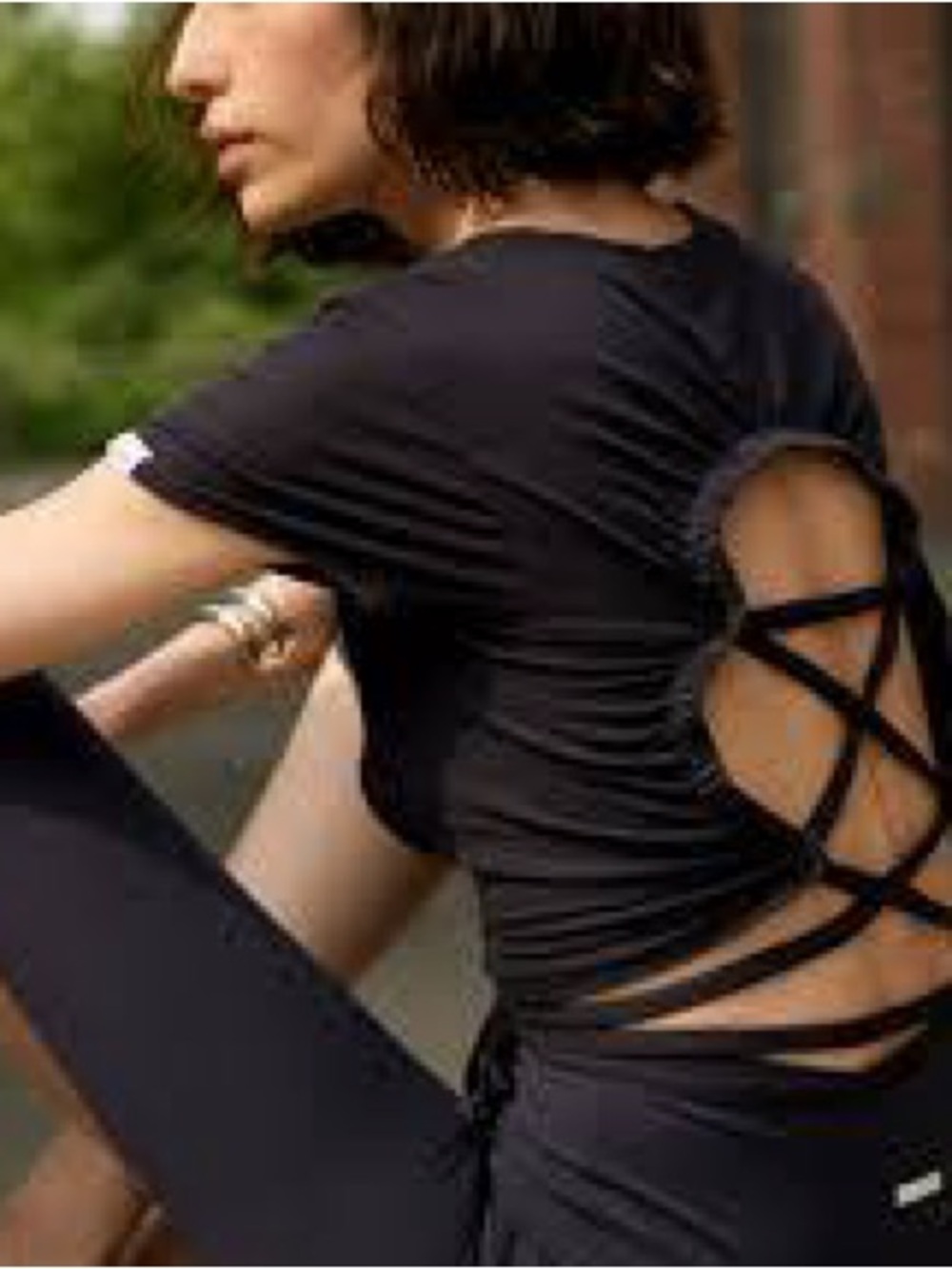 NYLORA Black Strappy Back Short Sleeve Top